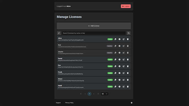 User dashboard listing license keys